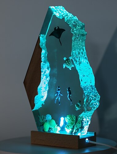  Luz de noche de resina oceánica, lámpara de mesa de madera USB hecha a mano para el hogar &Decoración de oficina, adorno artístico único. &regalo de navidad