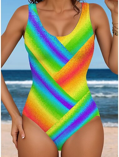  Dames Zwemkleding Eenstuk Monokini Badpak Rugloos Buik Controle Hoge Taille Slank Vakantie Strandkleding Ombre Geometrisch U Hals Mouwloze Badpakken