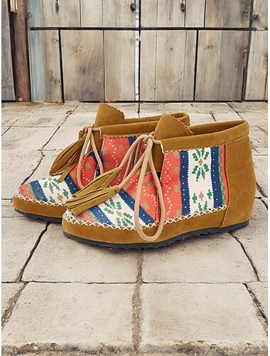  dámské boho kotníkové boty s panely s etnickým potiskem, šněrovacím designem se střapcem a pohodlnou nízkou podrážkou – ideální pro běžné nošení a festivaly