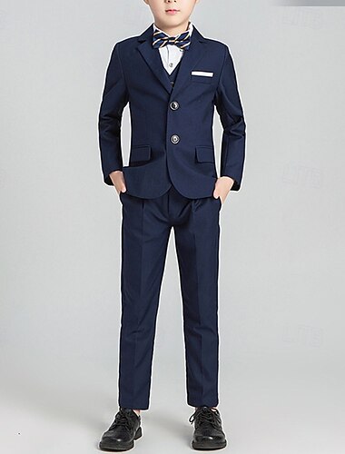 4 Stück Ring-Träger Anzug Jungen kinderkleidung Anzug Formeller Anzug Blazer & Weste & Hose & Krawatte Formal Party Valentinstag Modisch Cool Feste Farbe Tasche Schwarz Marineblau Polyester
