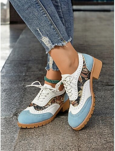  női retro oxford cipő - fűzős brogue stílus virágmintával és színes blokk mintával alkalmi ruhákhoz