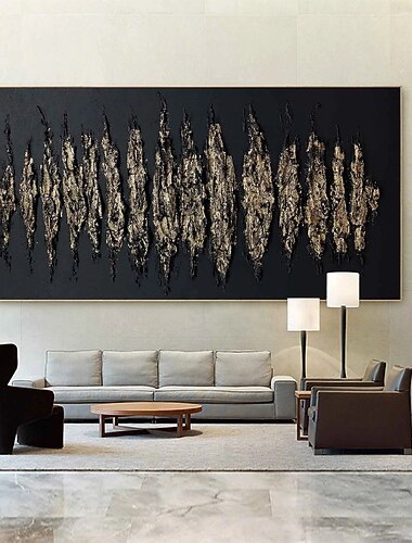 Pintura al óleo abstracta pintada a mano en negro y dorado sobre lienzo, pintura al óleo con lámina de oro, pintura al óleo moderna hecha a mano, pinturas negras grandes pintadas a mano, arte de
