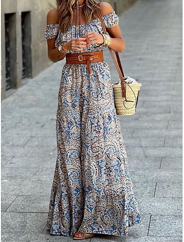  Damen Maxidress Casual kleid Schaukelkleid A Linie Kleid Boho-Kleid Böhmen Brautkleider schlicht Täglich Regular Fit Blumen Kurzarm Schulterfrei Blau Sommer Frühling Herbst