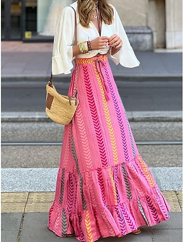 jupe longue femme jupes maxi ourlet irrégulier graphique vacances plage été bohème rose rouge