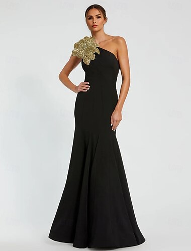  robe de soirée sirène noire robe élégante robe formelle longueur au sol manches longues une épaule crêpe extensible avec appliques de broderie 2025