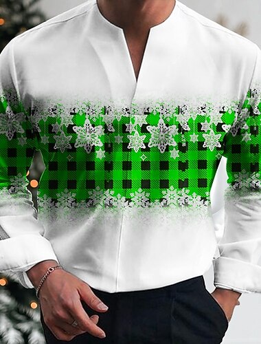  Navidad Hombre Tartán Copo Camisa Manga Larga Casual Fiesta Diario Festival Verano Primavera Otoño Escote en Pico Estampado Rojo Oscuro Blanco Rojo Azul Piscina Verde Trébol