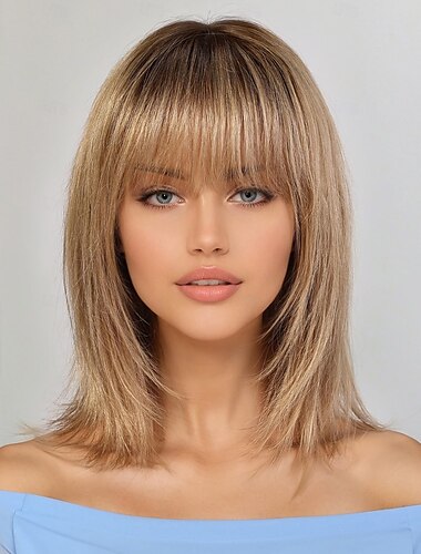  Parrucche sintetiche Liscio Con frangia Parrucca Corto Marrone scuro Ombre Brown Ombre Blonde Capelli sintetici Per donna Biondo Marrone