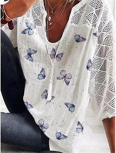 Damen Hemd Bluse Schmetterling Täglich Basic 3/4 Ärmel V Ausschnitt Normale Oberteile Täglich Patchwork Bedruckt Weiß Gelb Blau Sommer Frühling