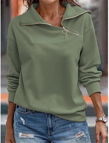 Damen Sweatshirt Casual Plain Street Alltagskleidung V-Ausschnitt Reißverschluss Langarm Grün Khaki Grau Herbst Winter