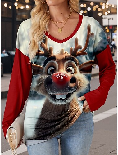  Damen T-Shirt modern lässig Print Langarm normale Oberteile V-Ausschnitt Alltag rot blau braun hellblau Herbst Winter