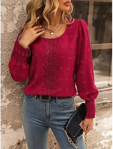  Dames Elegante Kant Tops Eyelet Blouse Casual Effen Kleur Regular Tops Lange Mouw Crew Neck Kant Patchwork Regular Fit Dagelijks Romantische Petite Tops Zomer Vakantie Kleding Rood