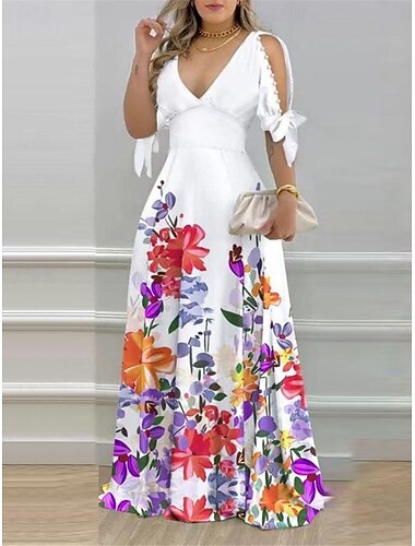  Damen Maxikleid mit Blumenmuster und V-Ausschnitt, halbe Ärmel, Sommer, Frühling