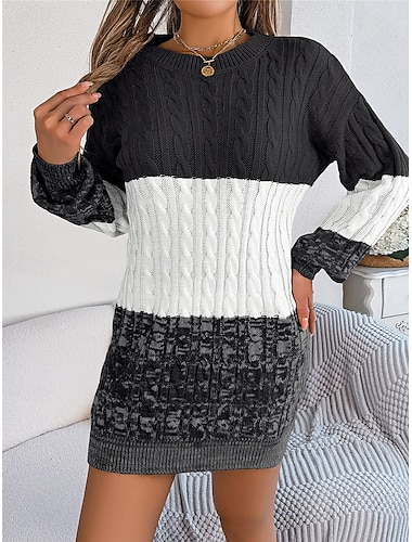 Damen Pullover Pullover Kleid Brautkleider schlicht Weich Farbblock Gerippt Rundhalsausschnitt Strick Langarm Lange Oberteile Stricken Outdoor Täglich Wochenende Schwarz Wein Herbst Winter