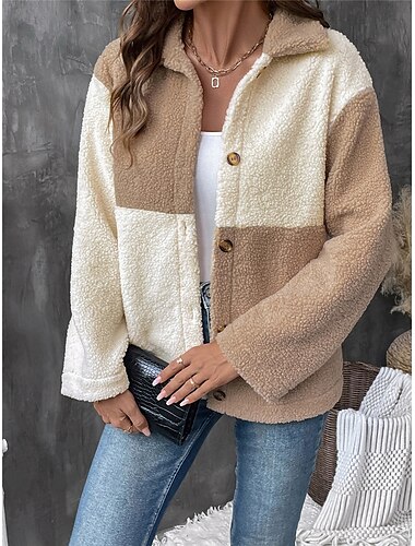  Damen Fleecejacke Teddy-Mantel warm halten Atmungsaktiv Knopf Tasche Innenfutter aus Fleece Brautkleider schlicht Glatt Urlaub Strasse Freizeitskleidung Ausgehen Einreihiger Verschluss Standard