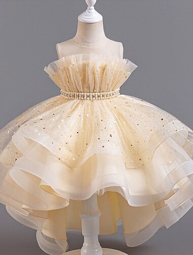  Blumenmädchenkleid Kinder Mädchen Prinzessinenkleid Leistung Hochzeit Party Elegant Schön Pailletten Gitter Feste Farbe Ärmellos Rundhalsausschnitt Hellrosa Weiß 4 Jahre +