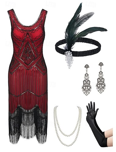  1920er Cocktailkleid Vintage-Kleid Midlänge Flapper Kleid Outfits Cocktailkleid Der große Gatsby Flapper-Mädchen Hochzeitsgast Pailletten Feder Fransen Damen Karnevalskostüm 7 STK Weihnachten