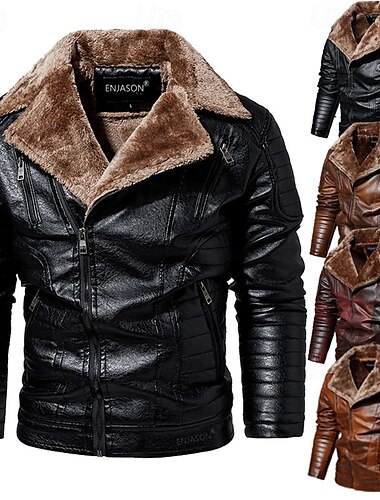  Voor heren Jas van imitatieleer Fleecejack Bikerjack Motorjas Dagelijks Vakantie Winddicht Houd Warm Zak Herfst winter Effen Modieus Klassiek Revers Normaal Zwart Rood Bruin Koffie Jacks
