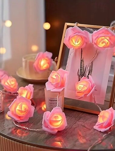  Guirlande lumineuse de roses artificielles pour fête de Noël, Saint-Valentin, 10/20/40 LED, 7 cm, alimentée par batterie, fête d'anniversaire, ambiance romantique, décoration d'intérieur