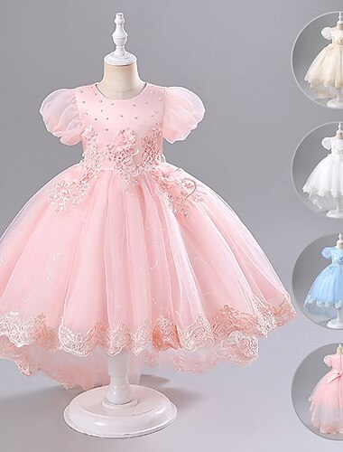  Brudnäbbsklänning Barn Flickor Prinsessaklänning Prestanda Bröllop Fest Elegant Skön Nät Ensfärgat Kortärmad Rund hals Vit Champagne 4 år +