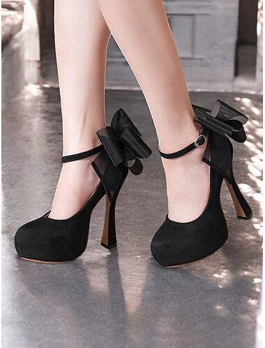  Schwarze Plateauschuhe aus Wildleder für Damen mit großer Schleife und verstellbarem Fesselriemchen – ideal für Hochzeiten und besondere Anlässe