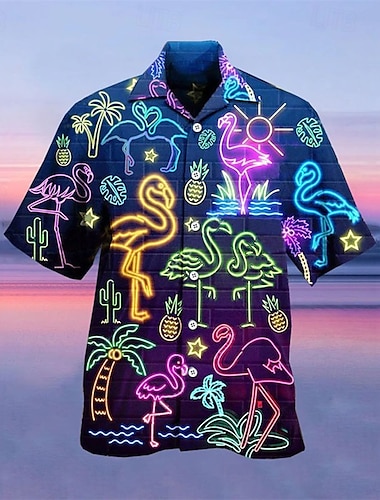  Herr Tropisk Självlysande Skjorta Hawaii skjorta Lägerskjorta Kortärmad Skjorta Nedvikt Mode Hawaiisk Designer Gata Ledigt Dagligen Gul Rubinrött Ljuslila 3D-tryck S M L