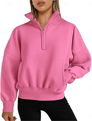  Damen Sweatshirt Casual Uni Street Alltag Rollkragen Tasche Halbreißverschluss Langarm Weiß Rosa Orange Herbst Winter