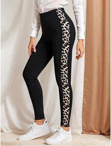  Damleggings Byxor Mode Streetwear Hela längden Hög midja Leopardtryck Termisk Varm Andningsbar Mjuk Mikroleastisk Utomhus Daglig Svart Höst Vinter Regular Fit