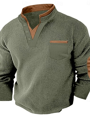  Herren Waffel-T-Shirt Waffel-Henley-Hemd Langarm V Ausschnitt Frühling & Herbst Einfarbig Mode Basic Falscher Zweiteiler Straße Lässig Sport Schwarz Marinenblau Hell Gray Top T-Shirt für Herren