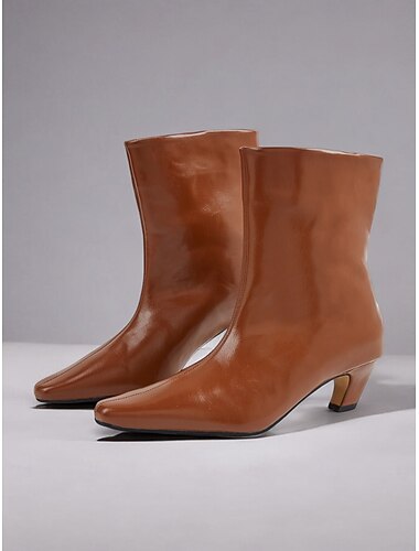  Damenstiefeletten aus hellbraunem Kunstleder mit halbhoher Sohle – spitze Zehenpartie, Slip-On-Design, Blockabsatz, schicker Freizeitstil für Herbst- und Winteroutfits