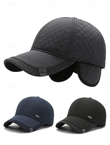  Men's Quilted Winter Baseball Cap with Ear Flaps – Warm Waterproof Outdoor Hat in Black, Navy, and Dark Gray