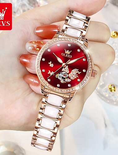  OLEVS Damen Mechanische Uhr Kreativ Modisch Lässige Uhr Armbanduhr Automatikaufzug Mondphasenanzeige WASSERDICHT Dekoration Keramik Beobachten