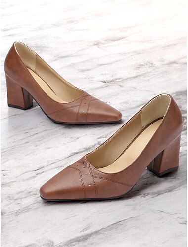  Braune Pumps mit Blockabsatz für Damen – formelle Schuhe im Retro-Stil mit spitzer Spitze und eleganten Nähten für Büro und Party