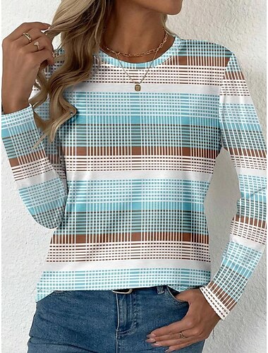  Damen T-Shirt modern lässig geometrischer Druck langarm normale Oberteile Rundhalsausschnitt Alltag Wein Hellbraun Blau Orange Braun Herbst Winter
