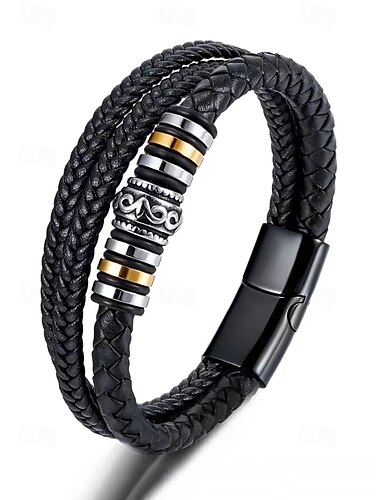  mænds flettet læderarmbånd med metalperleaccenter – stilfuldt dobbeltlags sort armbånd med magnetlås