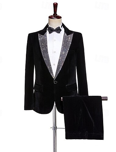  Herren Samt Party Abendsuits Schwarz Weihnachten Mode Patchwork Standard Passform 2-teilig Einreiher mit einem Knopf
