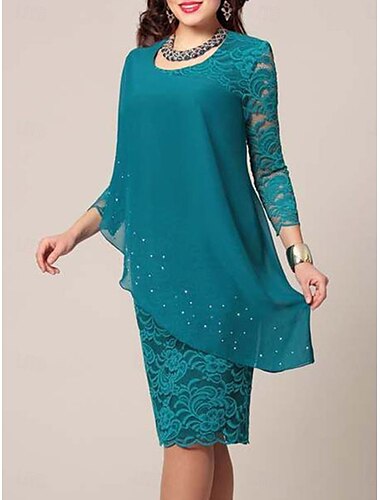  Damen Spitzenkleid Midikleid Spitze Patchwork Party Brautkleider schlicht Rundhalsausschnitt 3/4 Ärmel Marineblau Blau Grün Farbe