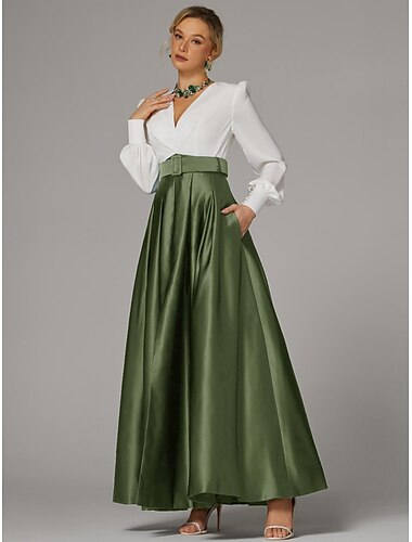 Abendkleid in A-Linie, hoher Schlitz, formelles Hochzeitsgastkleid, bodenlang, lange Ärmel, V-Ausschnitt, Satin mit Falten, Schlitz, Herbsthochzeitsgast 2025