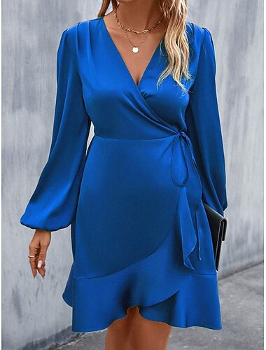  Damen schwarzes kleid Minikleid Rüsche Patchwork Elegant Brautkleider schlicht V Ausschnitt Langarm Schwarz Rosa Blau Farbe