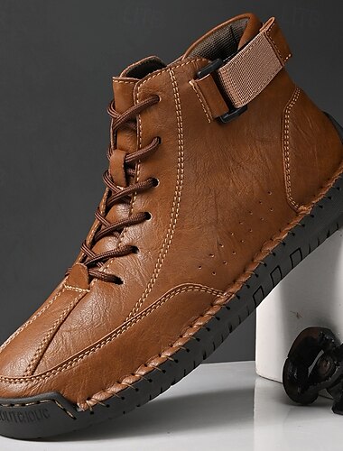  Botines casuales de piel sintética marrón para hombre: diseño con cordones, correa ajustable y suela antideslizante para mayor comodidad diaria