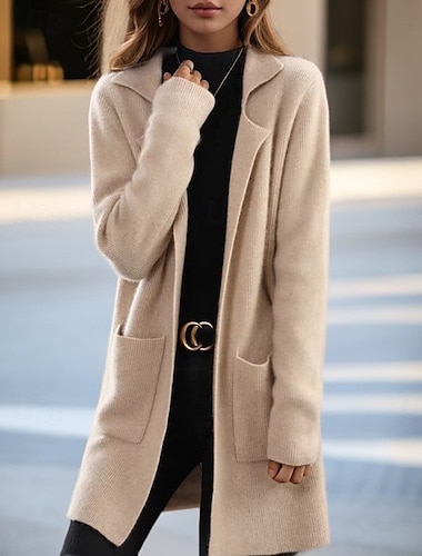  Suéter de mujer, cárdigan, chaqueta, cuello camisero, tejido de punto, bolsillo, primavera, otoño, hogar, uso diario, fin de semana, elegante, diario, informal, manga larga, color puro, negro, camello