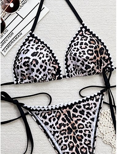  Damen Badeanzug Bikinis 2 Stück Cheeky-Bikinihose Bademode Rückenfrei Schlank Urlaub Strandbekleidung Leopard Halfterhals Ärmellos Badeanzüge