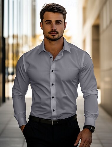  Herren Alltag Hemd Freizeit Hemd Heimkehr Standard Passform Langarm Revers Sommer Unifarbe Polyester Schwarz Weiß Grau 2025