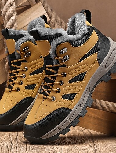  Gelbe Herren Wanderschuhe mit Fellfutter – wasserdichte Outdoor Winterschuhe mit rutschfester robuster Sohle