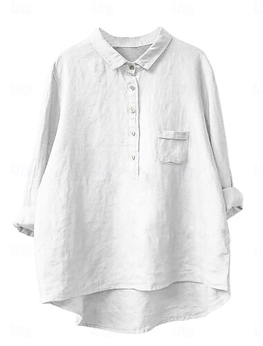  Mujer Camisa Camisas inspiradas en el lino Manga Larga Cuello Camisero Blanco Azul Piscina Verde Trébol Primavera & Otoño