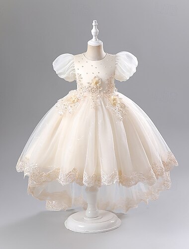  Abito da damigella d'onore bambina bambini Da ragazza Abito da principessa Prestazioni Matrimonio Feste Elegante Bellissimo Retato Tinta unica Manica corta Girocollo Bianco Champagne 4 anni +