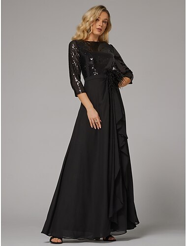  A-Linie Abendkleid elegantes Kleid formell asymmetrisch Langarm Stehkragen Chiffon mit Federn Perlen Pailletten 2025