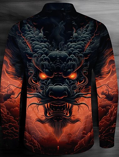  Voor heren Draak Overhemd met knopen Lange mouw Mode-casual Donkere Feestavondkleding Straat Dagelijks Herfst Winter Lente zomer Overhemdkraag Dichtknopen 3D-afdrukken Zwart