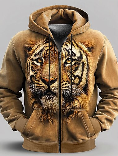  Hombre Tigre Sudaderas Sudadera Sudadera con capucha Con Capucha Moda Impresión 3D Vacaciones Noche Ropa de calle Marrón Cremallera Correa Otoño Invierno Diseñador
