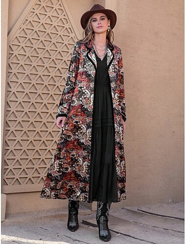  Damen Maxidress Boho-Kleid Graphic Geometrisch Vintage Brautkleider schlicht Täglich Verabredung Urlaub Lose Langarm Hemdkragen Kleid Regular Fit Schwarz Herbst Winter S M L XL
