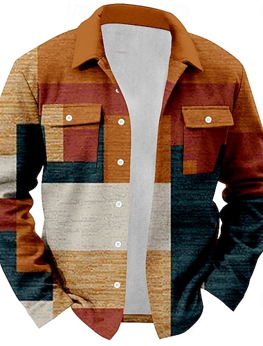  Per uomo Fantasia geometrica Giacca da camicia Sovracamicia Manica lunga Informale Esterno Da mare Autunno Inverno Collo ripiegabile Abbottonare Arancione